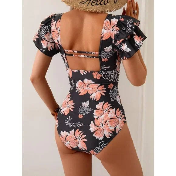 Womens Eomenie Black One Piece Tummy Control Swimsuit with Ruffle & Ruched Back - Picture 2 of 5